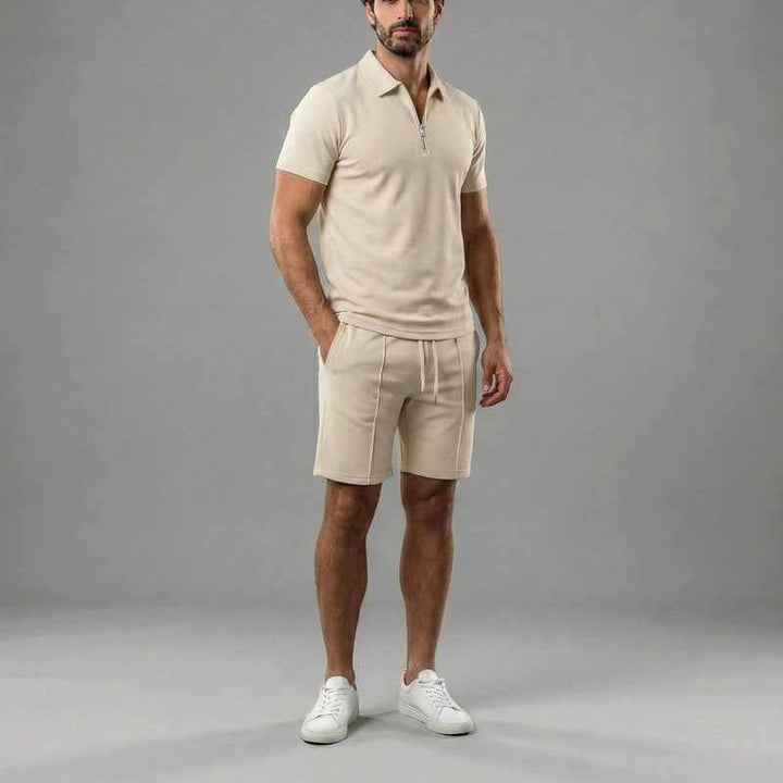 Brandon - Men’s Cotton Zip Collar Polo & Drawstring Shorts Set
