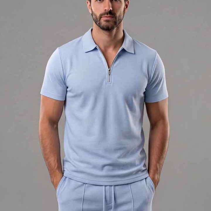 Brandon - Men’s Cotton Zip Collar Polo & Drawstring Shorts Set