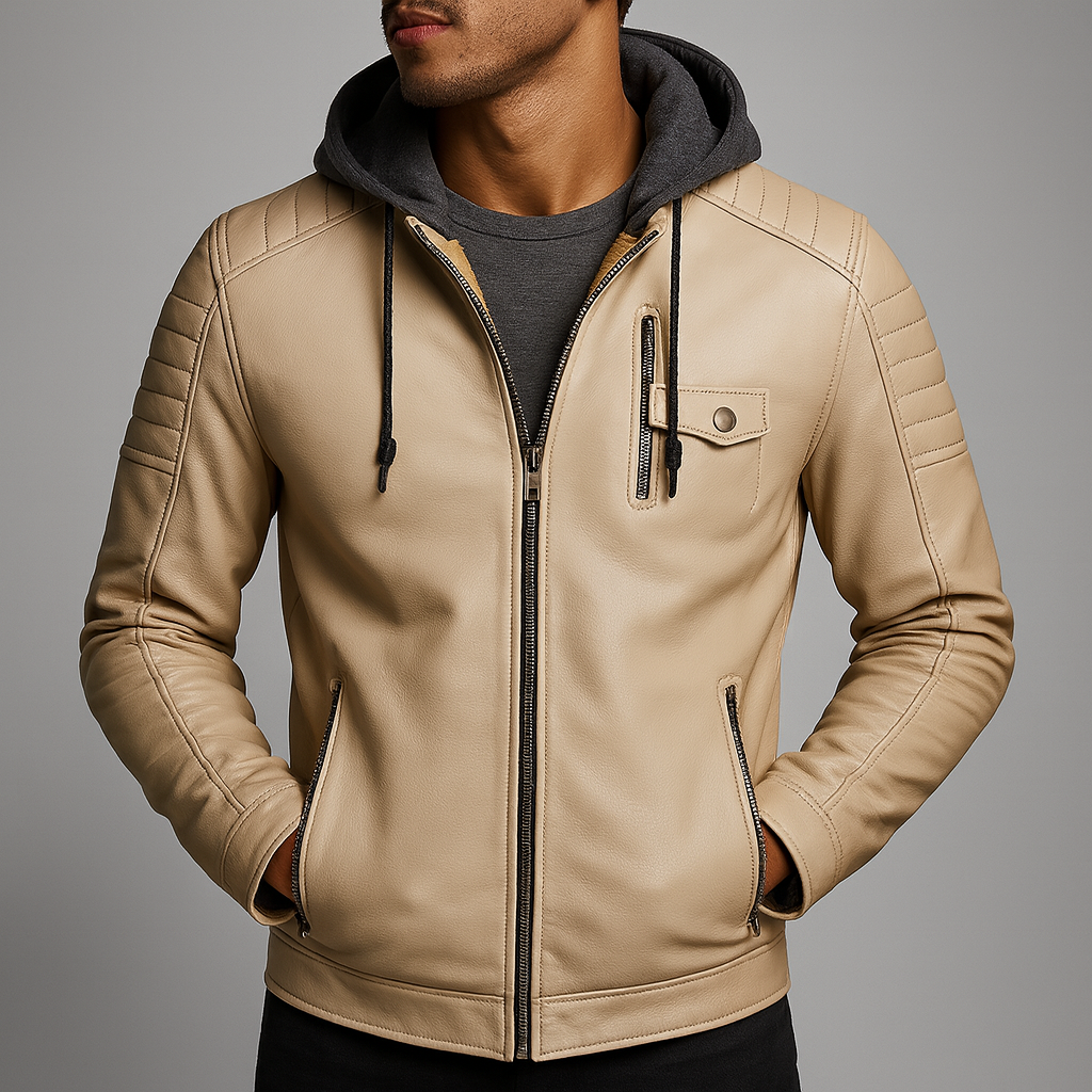 Broderick - Men's Leather Jacket with Detachable Hood