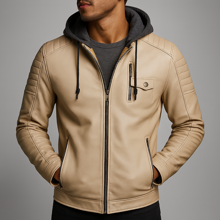 Broderick - Men's Leather Jacket with Detachable Hood