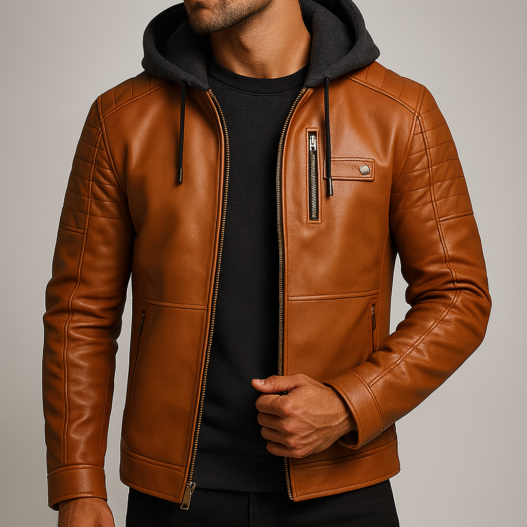 Broderick - Men's Leather Jacket with Detachable Hood
