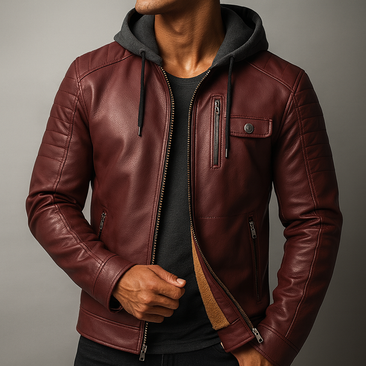 Broderick - Men's Leather Jacket with Detachable Hood
