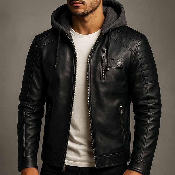 Broderick - Men's Leather Jacket with Detachable Hood