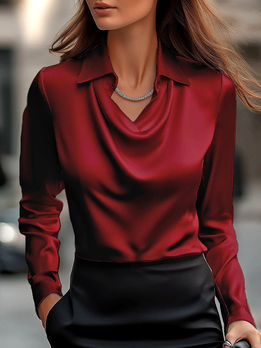 Candace - Women's Satin Cowl Neck Collared Blouse 7