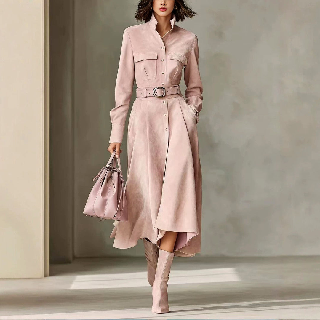 Capri - Women's Belted Shirt Dress with Stand Collar 3