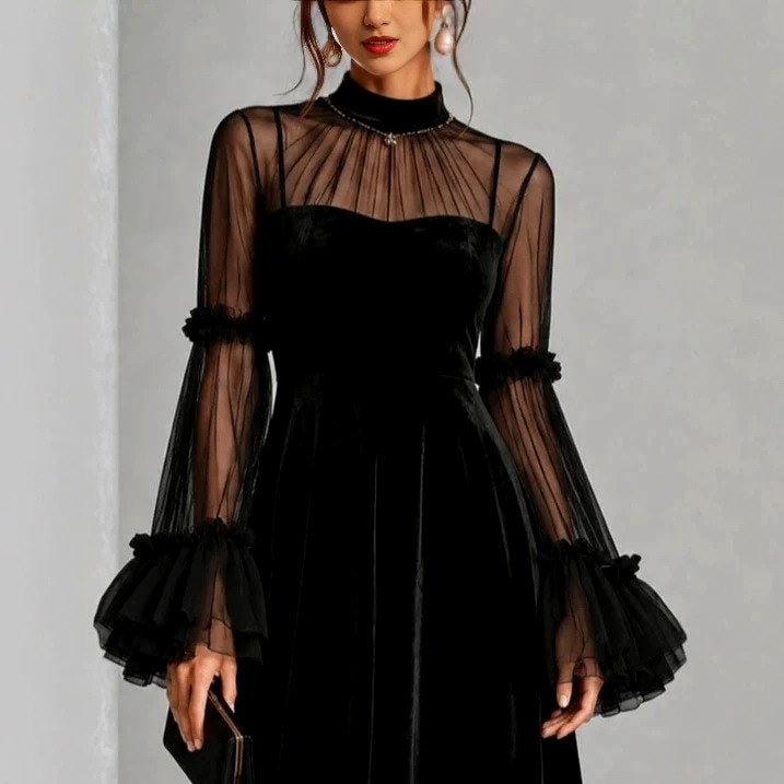 Carla - Women's Sheer Mesh High-Neck Long Sleeve Evening Dress 6