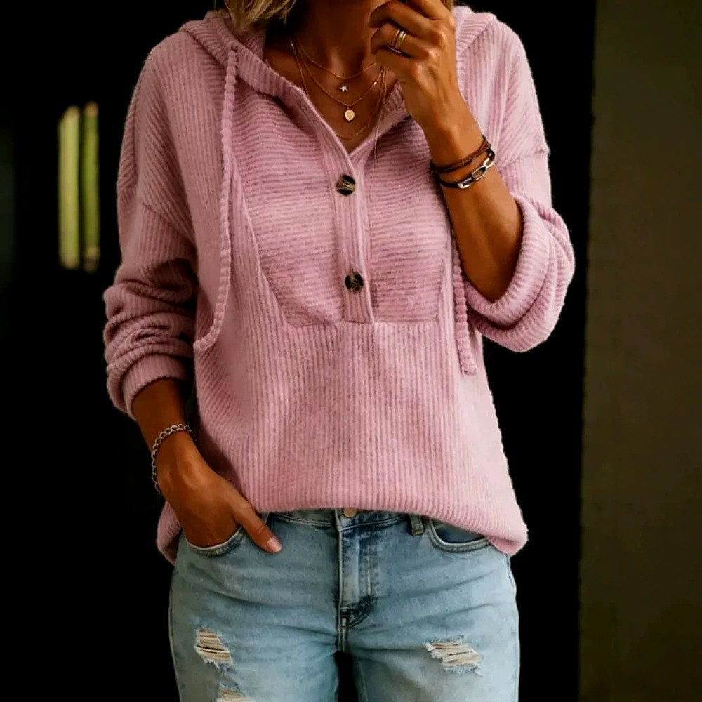 Carly - Women's Textured Knit Button-Neck Hooded Sweater 2