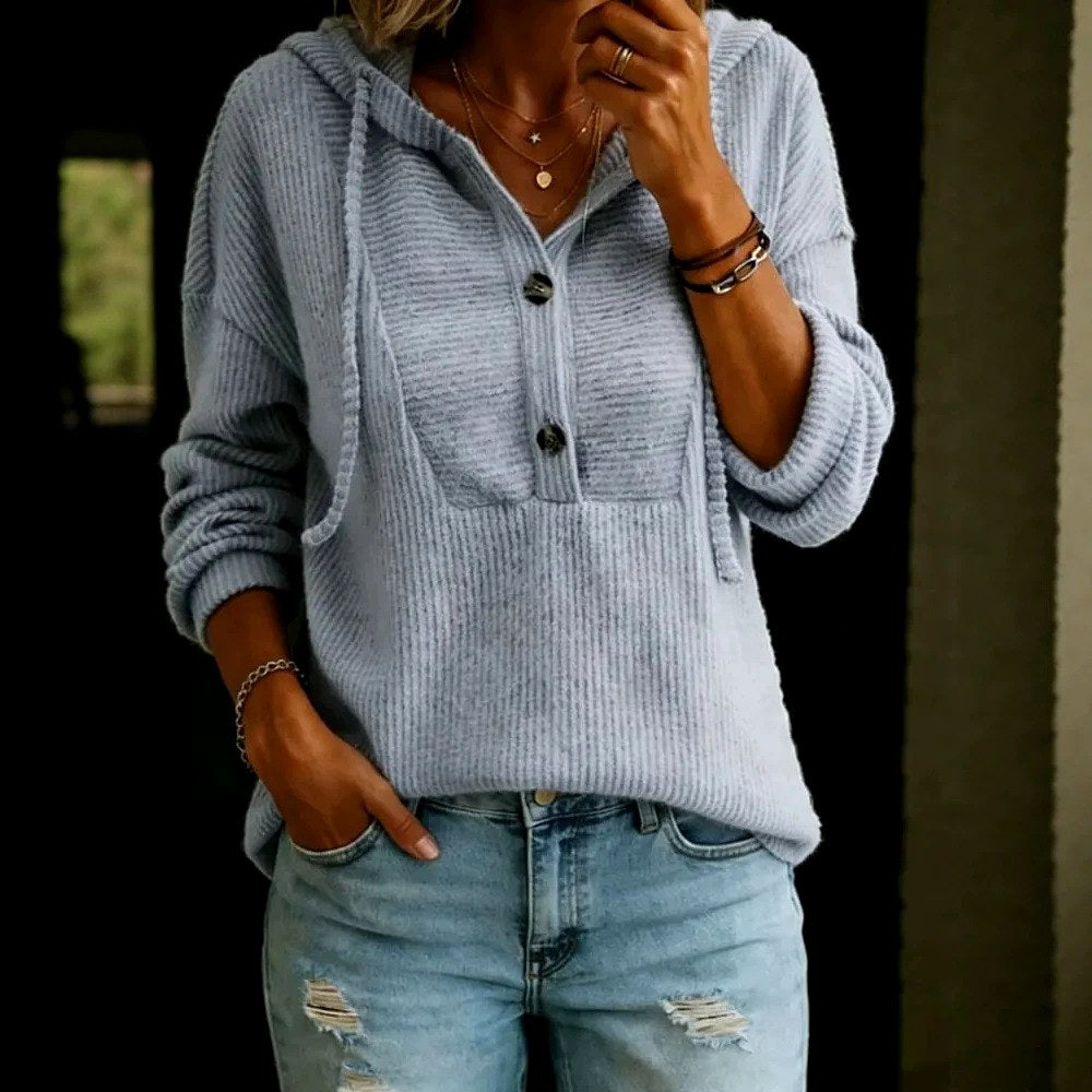 Carly - Women's Textured Knit Button-Neck Hooded Sweater 4