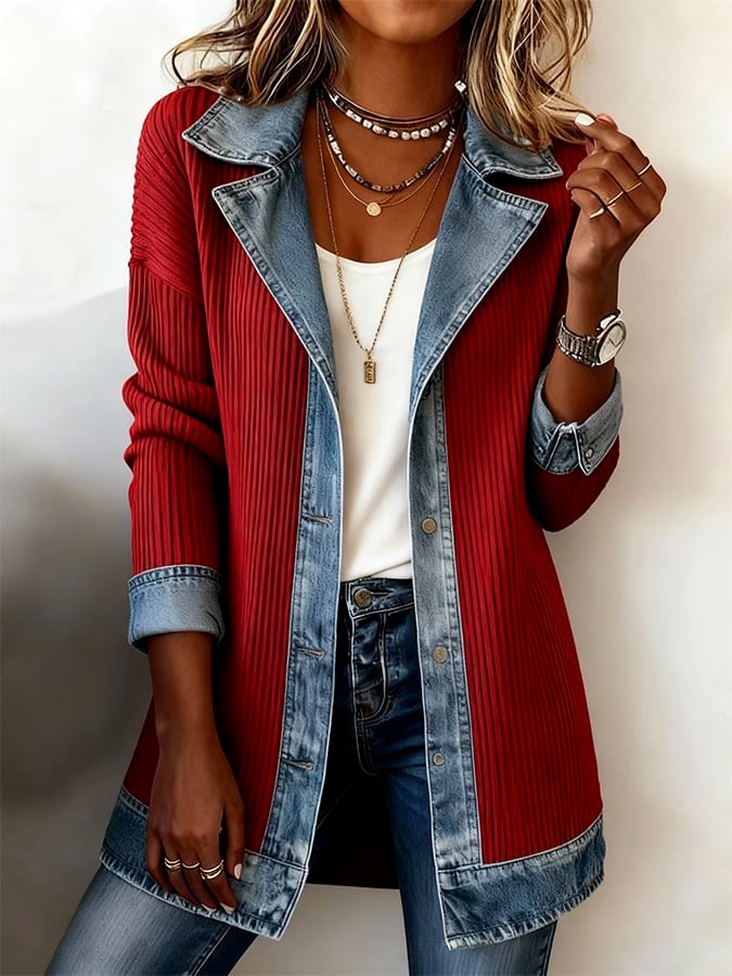 Carmen - Women's Ribbed Knit Denim Trim Jacket 5