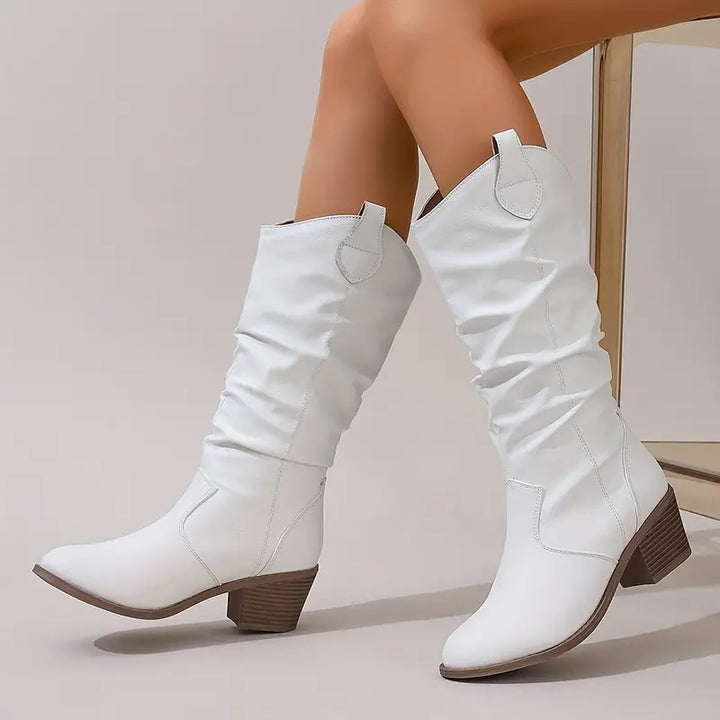 Cassandra - Women's Ruched Knee-High Boots with Block Heel