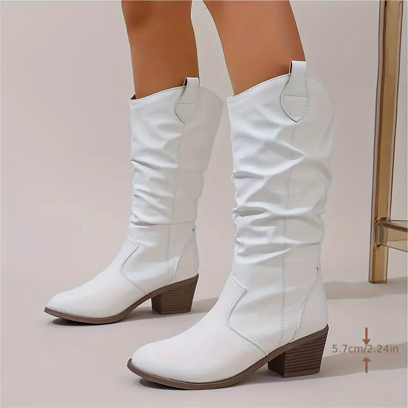 Cassandra - Women's Ruched Knee-High Boots with Block Heel