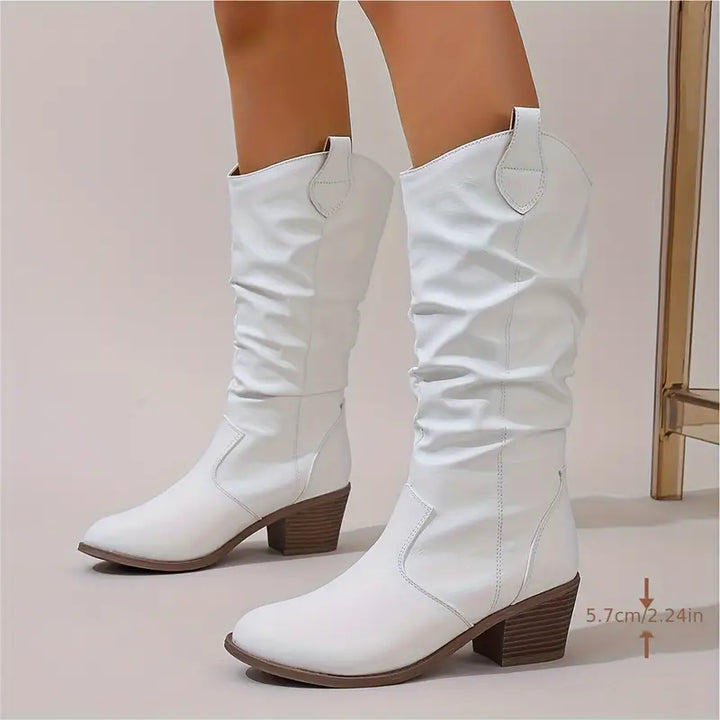 Cassandra - Women's Ruched Knee-High Boots with Block Heel