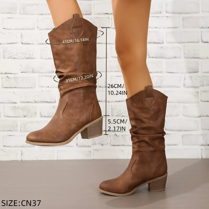 Cassandra - Women's Ruched Knee-High Boots with Block Heel