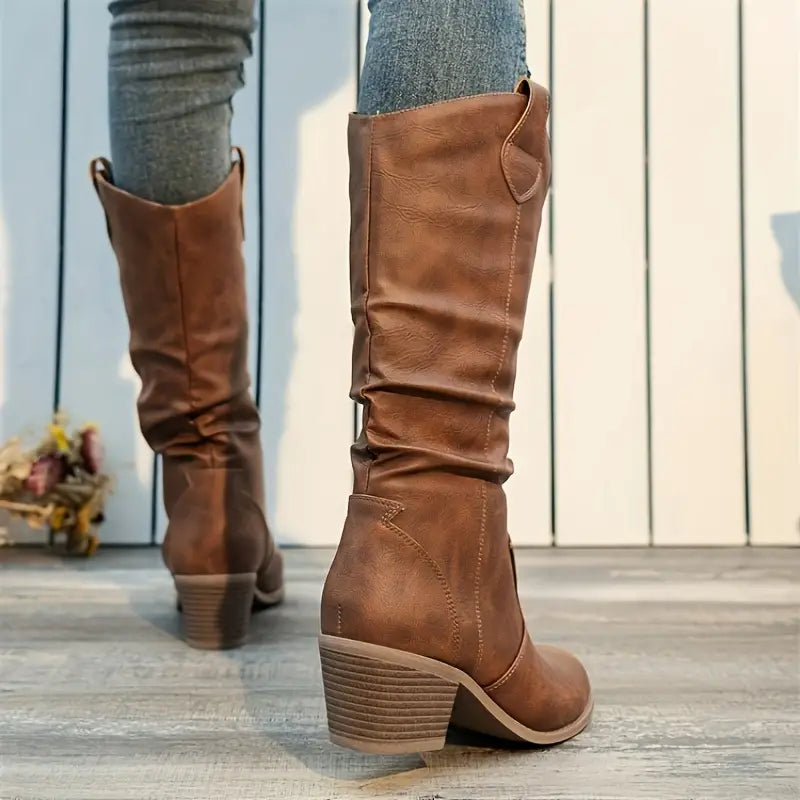 Cassandra - Women's Ruched Knee-High Boots with Block Heel