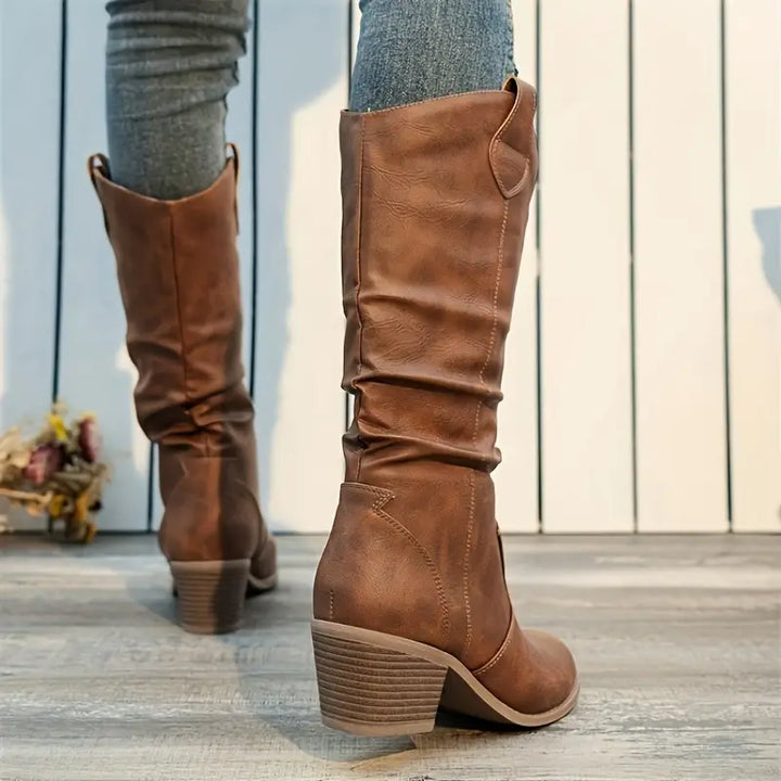 Cassandra - Women's Ruched Knee-High Boots with Block Heel