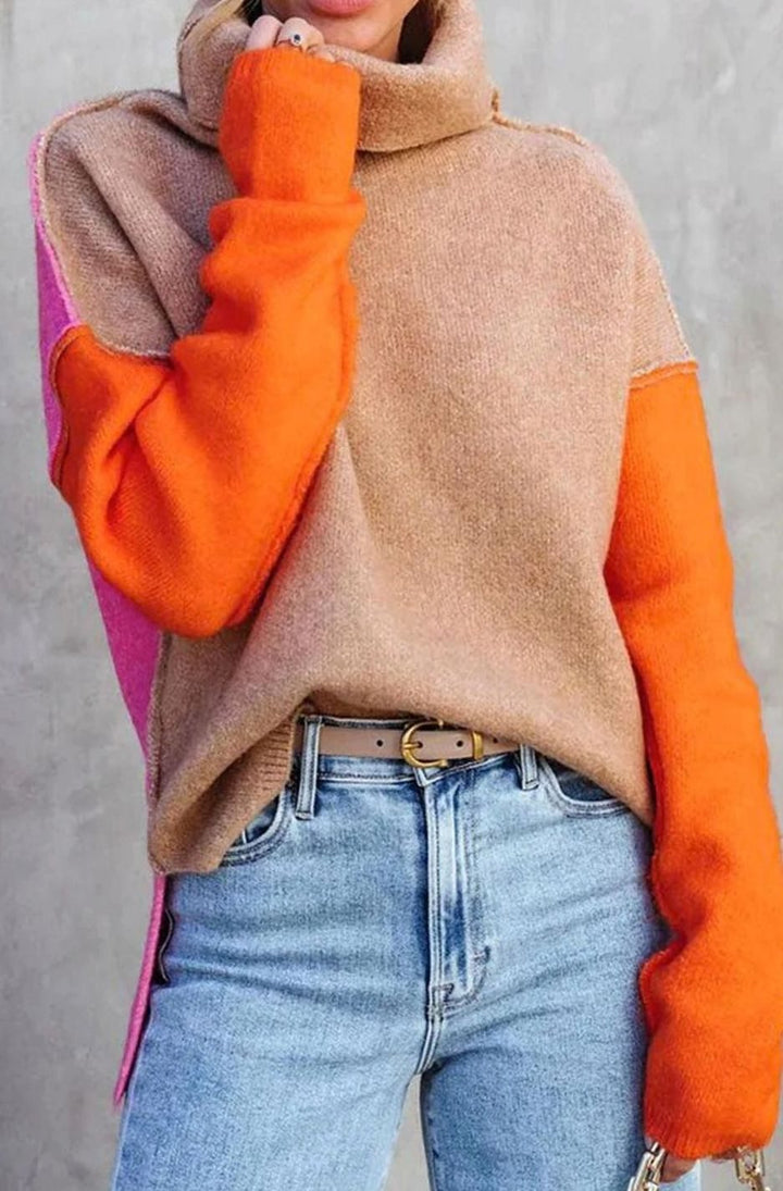 Cassandra - Women's Turtleneck Color-Block Knit Sweater