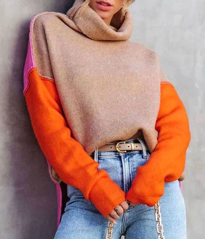 Cassandra - Women's Turtleneck Color-Block Knit Sweater