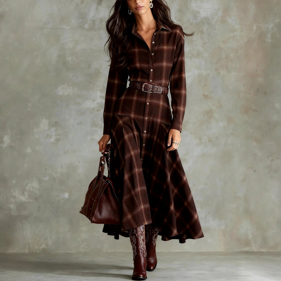 Cecelia - Women's Plaid Long Sleeve Shirt Maxi Dress 1