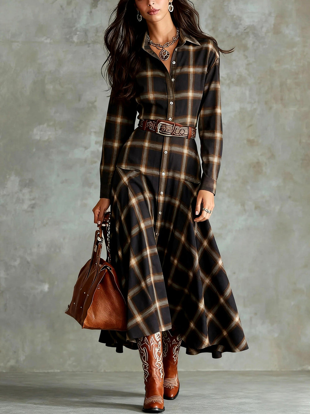 Cecelia - Women's Plaid Long Sleeve Shirt Maxi Dress 2