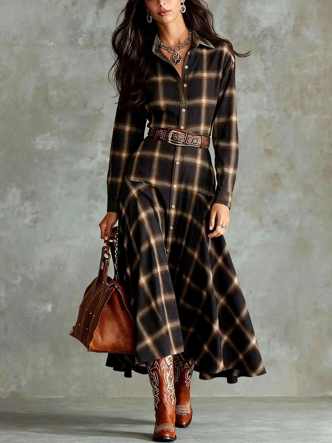 Cecelia - Women's Plaid Long Sleeve Shirt Maxi Dress 2