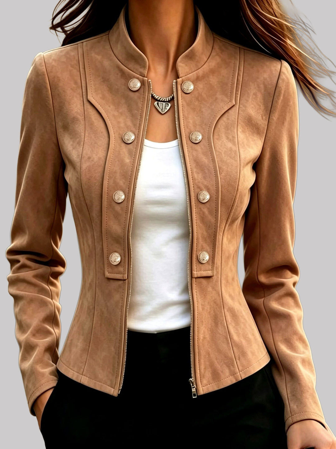 Cecilia - Women's Suede Stand Collar Tailored Jacket