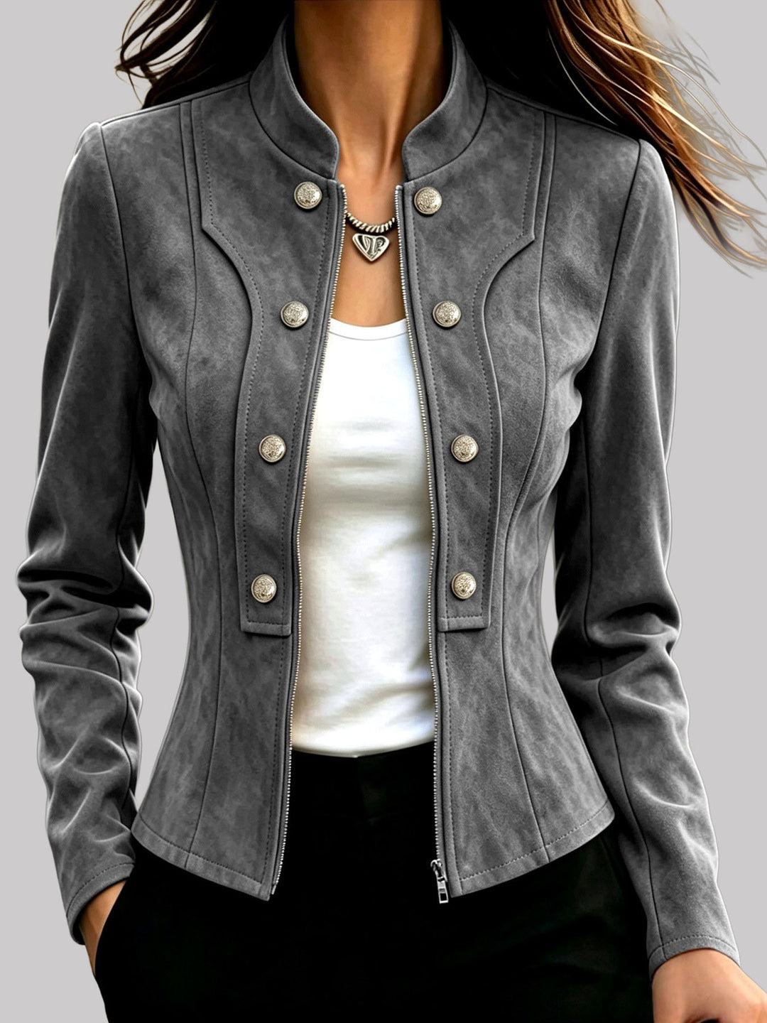 Cecilia - Women's Suede Stand Collar Tailored Jacket
