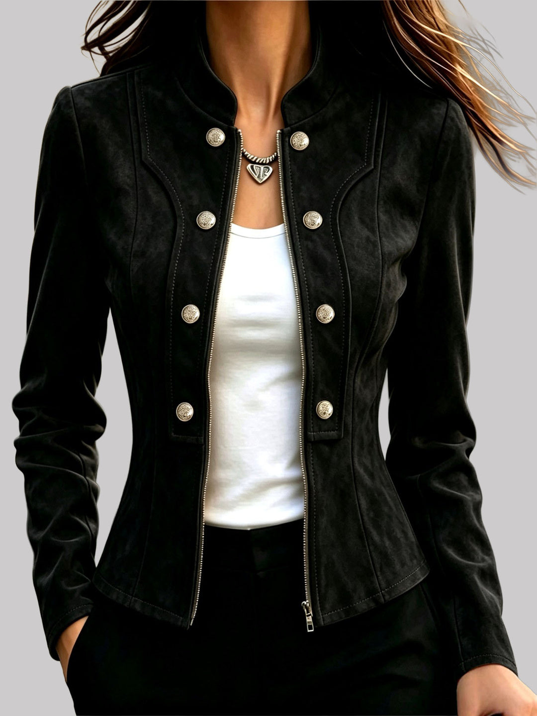 Cecilia - Women's Suede Stand Collar Tailored Jacket
