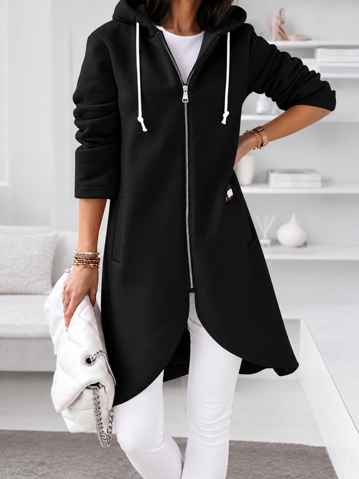 Celeste - Women's Drawstring-Hood Curved-Hem Longline Jacket