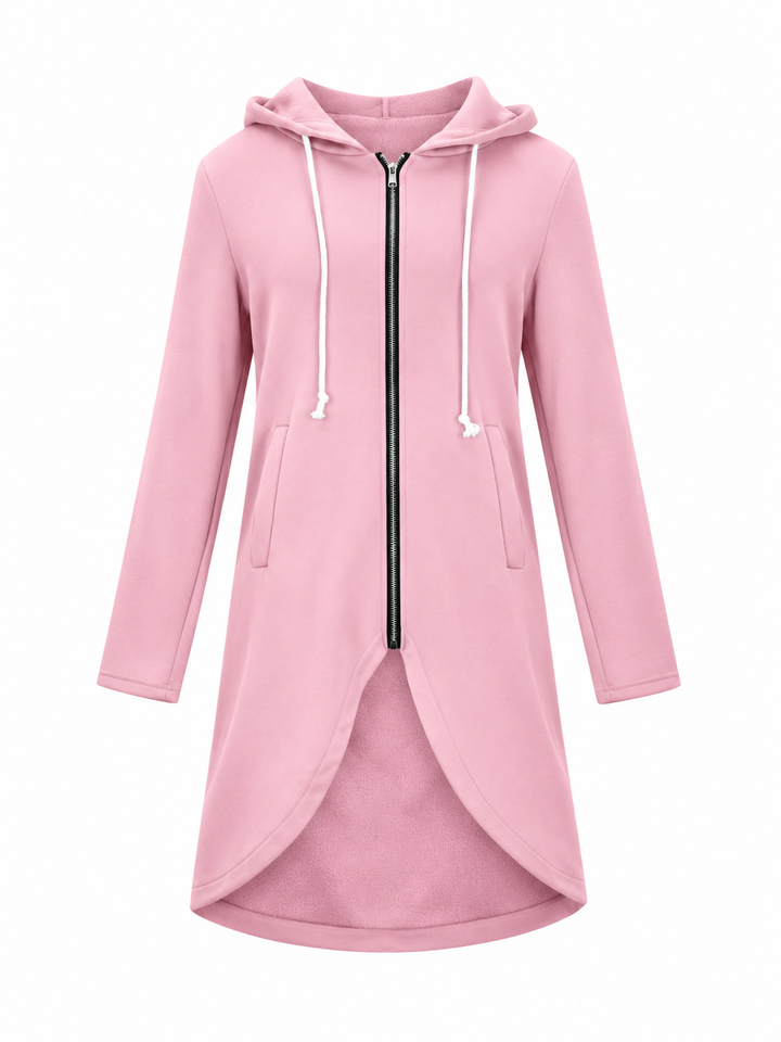 Celeste - Women's Drawstring-Hood Curved-Hem Longline Jacket