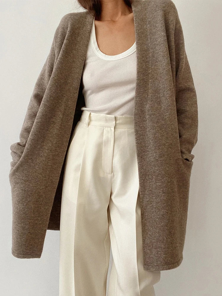 Celeste - Women's Open-Front Wool Cardigan with Patch Pockets