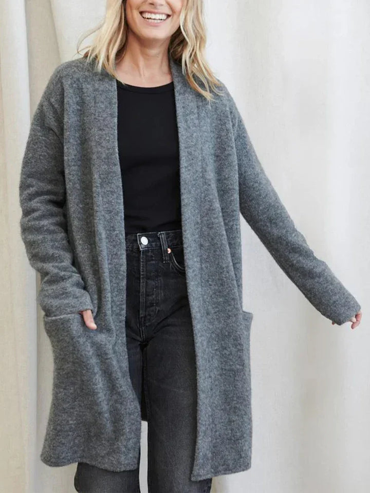 Celeste - Women's Open-Front Wool Cardigan with Patch Pockets