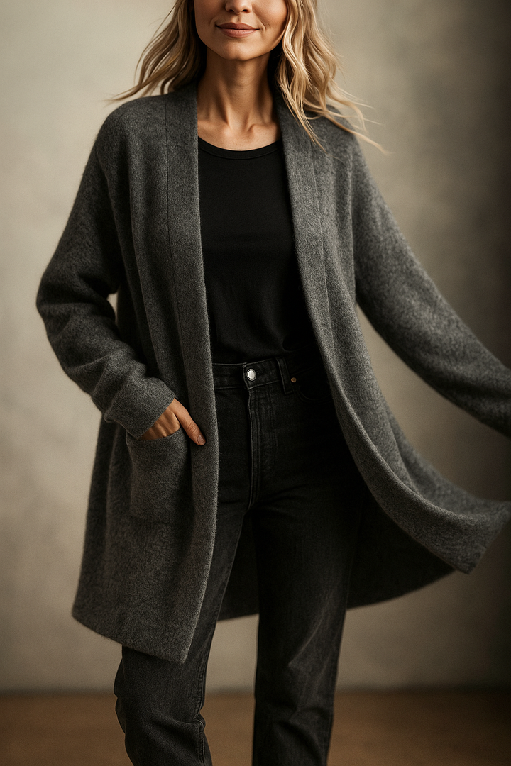 Celeste - Women's Open-Front Wool Cardigan with Patch Pockets