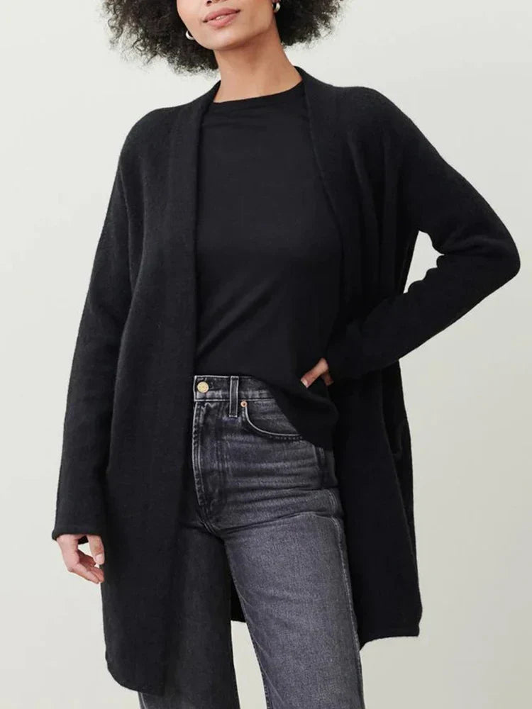 Celeste - Women's Open-Front Wool Cardigan with Patch Pockets