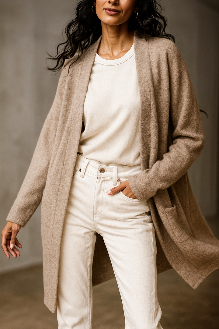 Celeste - Women's Open-Front Wool Cardigan with Patch Pockets