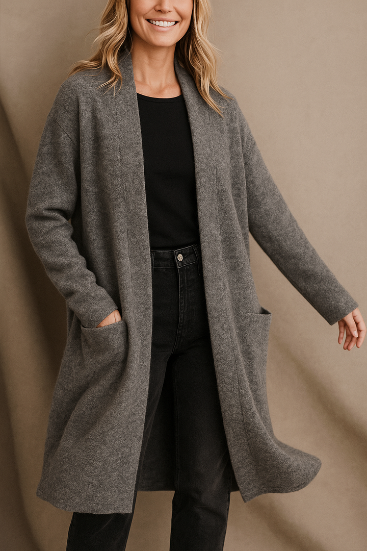 Celeste - Women's Open-Front Wool Cardigan with Patch Pockets