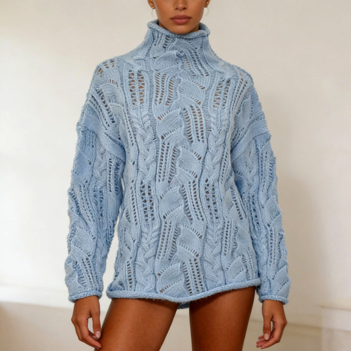 Celestine - Women's Leaf Cable Knit Turtleneck Oversized Sweater 1