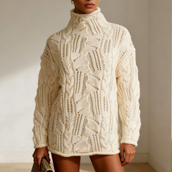 Celestine - Women's Leaf Cable Knit Turtleneck Oversized Sweater 3