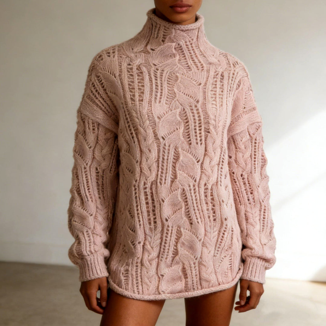 Celestine - Women's Leaf Cable Knit Turtleneck Oversized Sweater 4