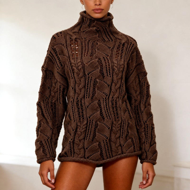 Celestine - Women's Leaf Cable Knit Turtleneck Oversized Sweater 5