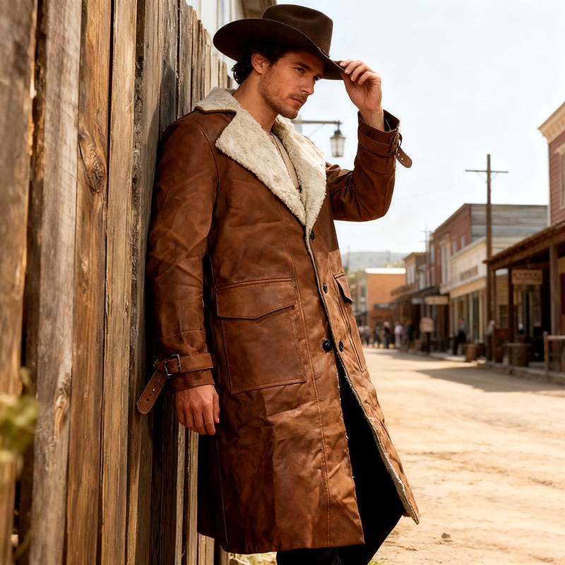 Charles - Men’s Long Faux Leather Shearling Collar Coat 2