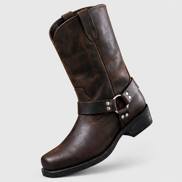 Chester - Men's Genuine Leather Buckled Harness Mid-Calf Boots