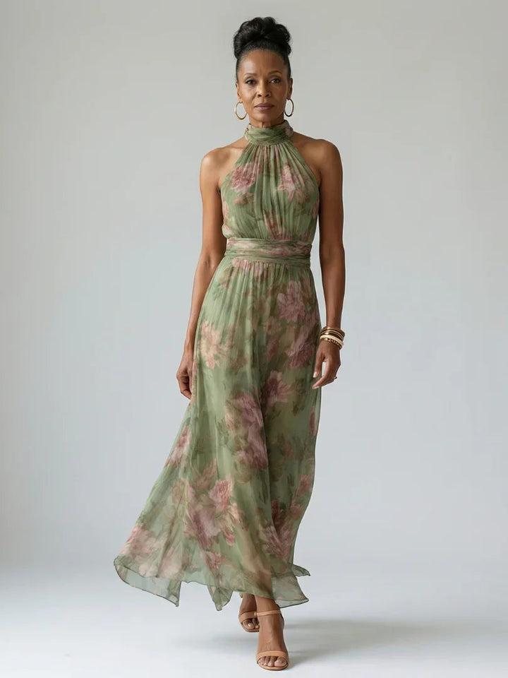 Claire - Women's Floral Halter Dress with Gathered Bodice
