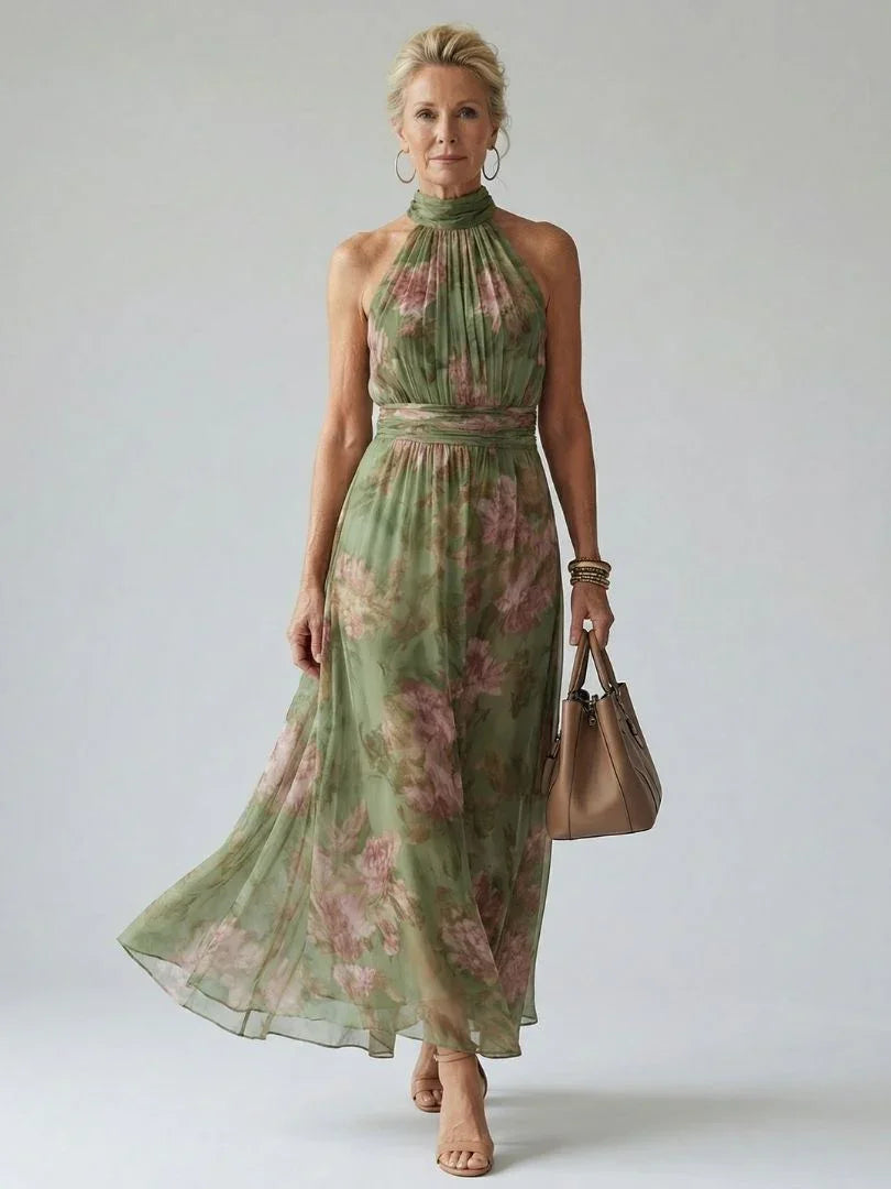 Claire - Women's Floral Halter Dress with Gathered Bodice