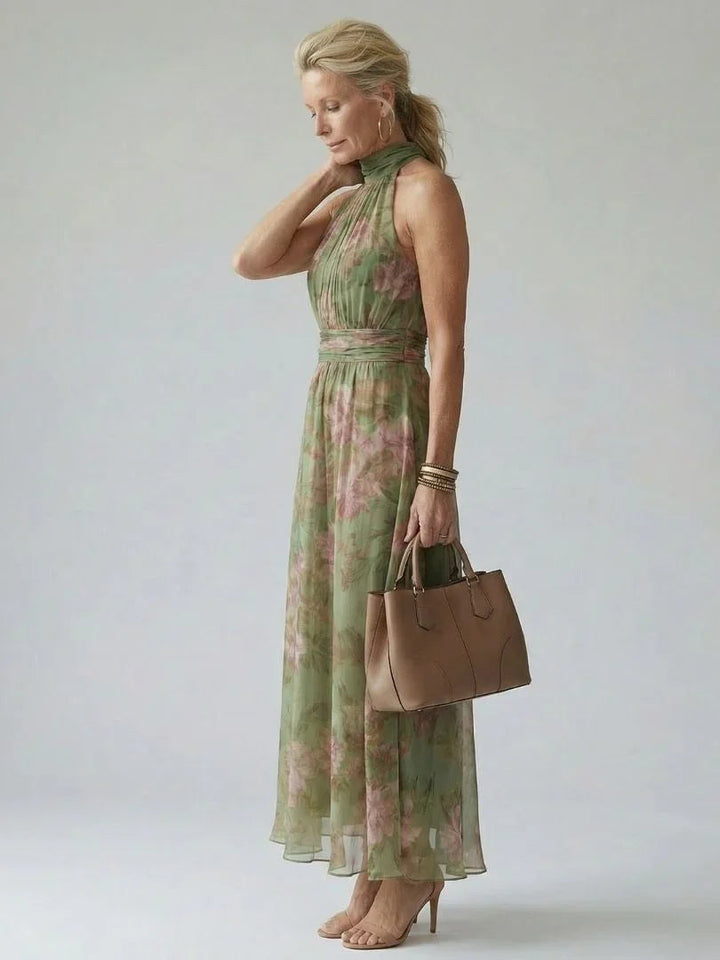 Claire - Women's Floral Halter Dress with Gathered Bodice