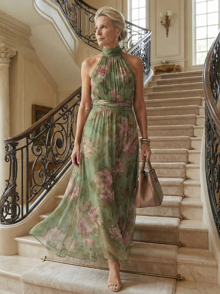 Claire - Women's Floral Halter Dress with Gathered Bodice
