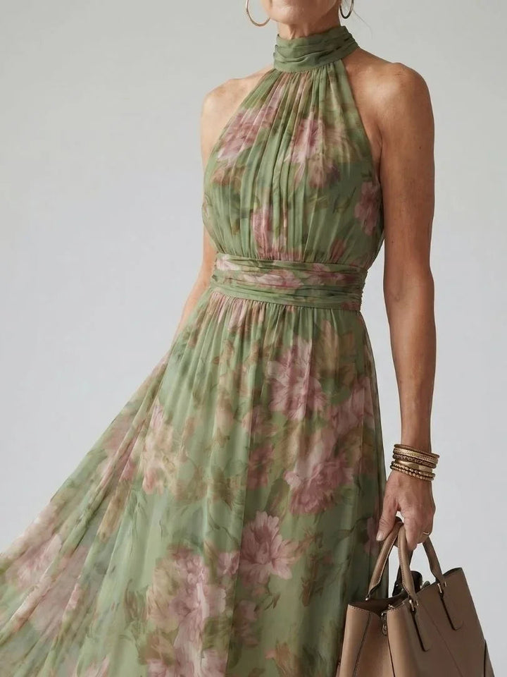 Claire - Women's Floral Halter Dress with Gathered Bodice