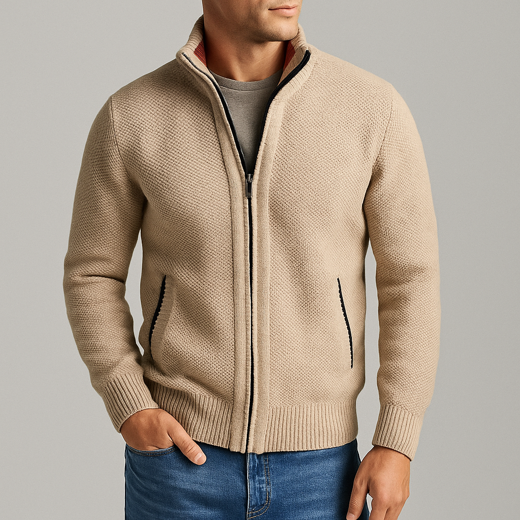Colton - Men's Waffle-Knit Zip Cardigan with Contrast Collar