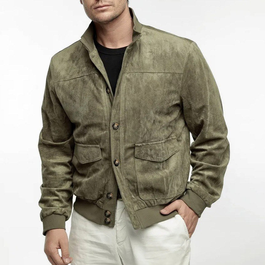 Conor - Men's Faux Suede Button-Front Bomber Jacket 4
