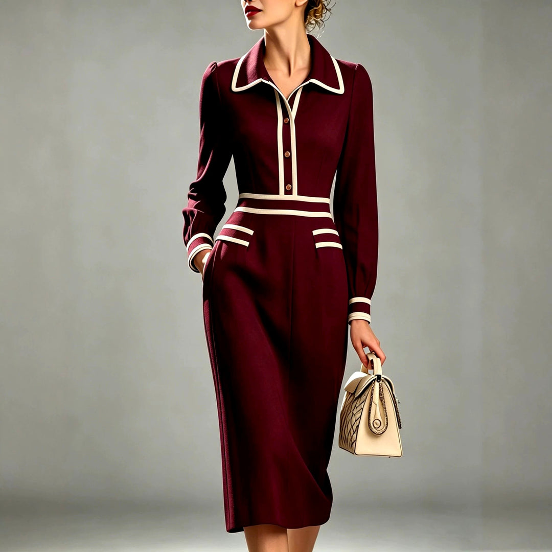 Cora - Women's Long-Sleeve Collared Midi Dress 3