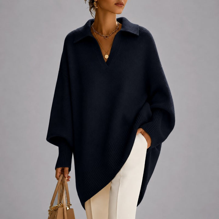 Corinne - Women's Collared V-Neck Poncho Sweater 1